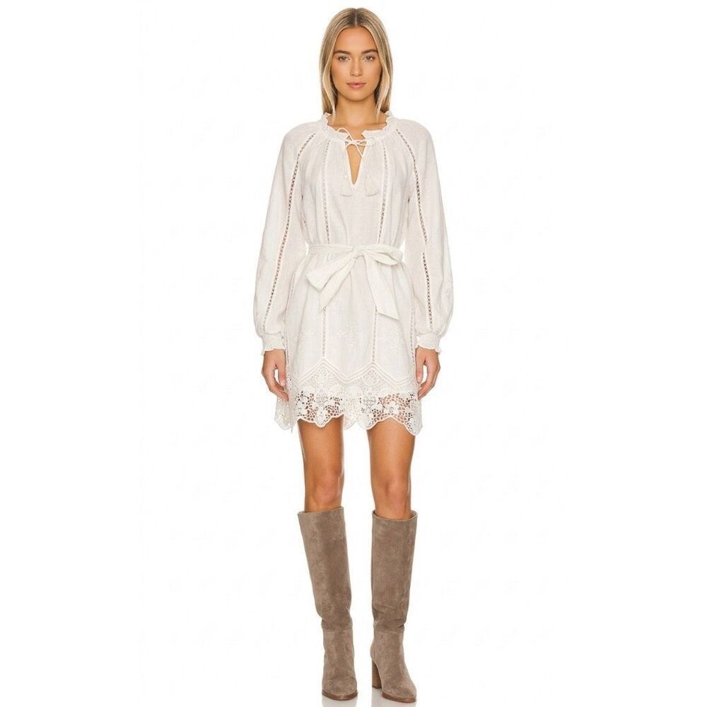 Cleobella Off White Cotton Embroidered Crochet Lace Mini Dress Boho Tassel Small
